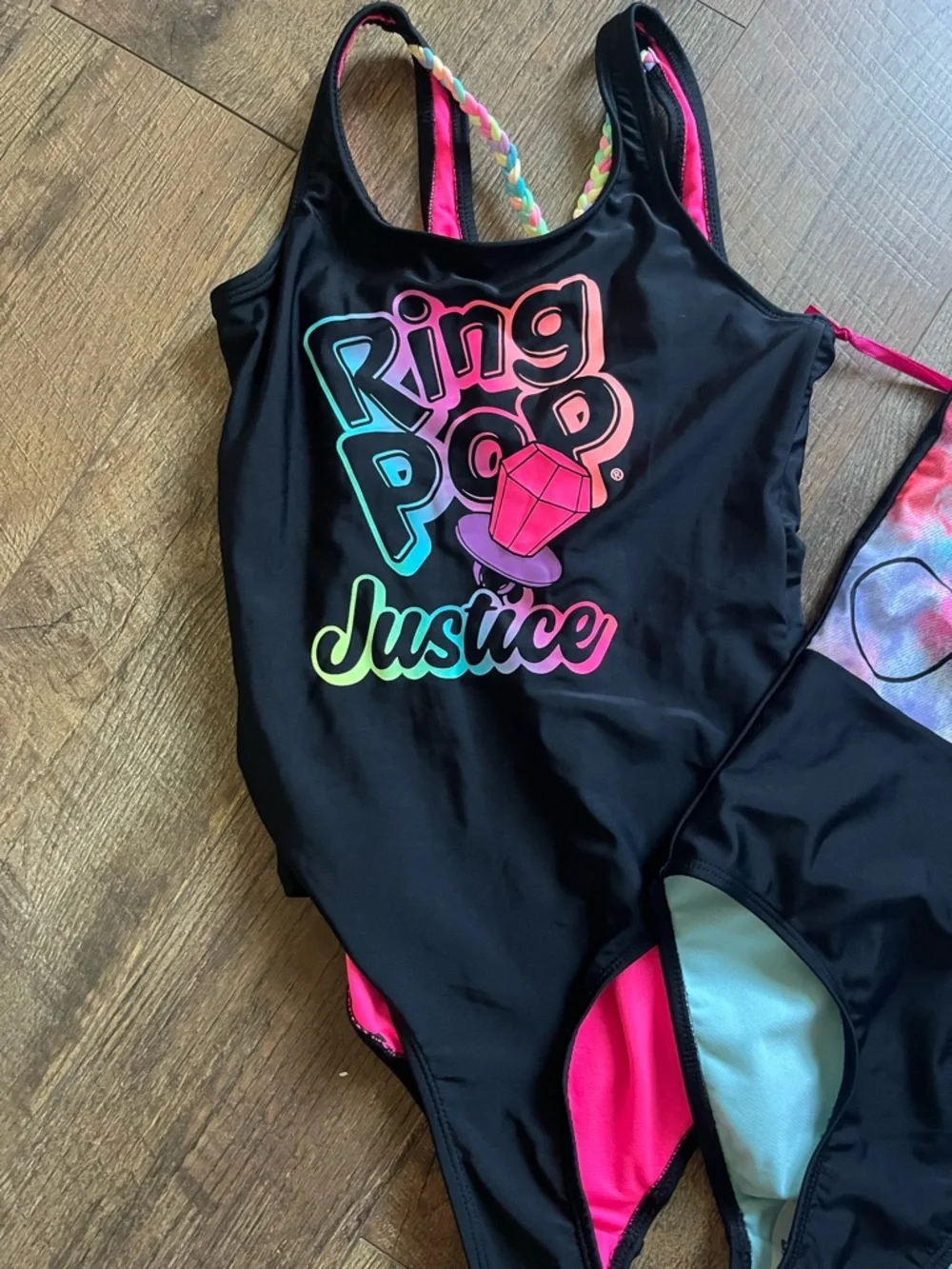 NWT Bundle of‎ 2 Justice Girls' Black Multicolor Ring Pop One-Piece Swimsuits